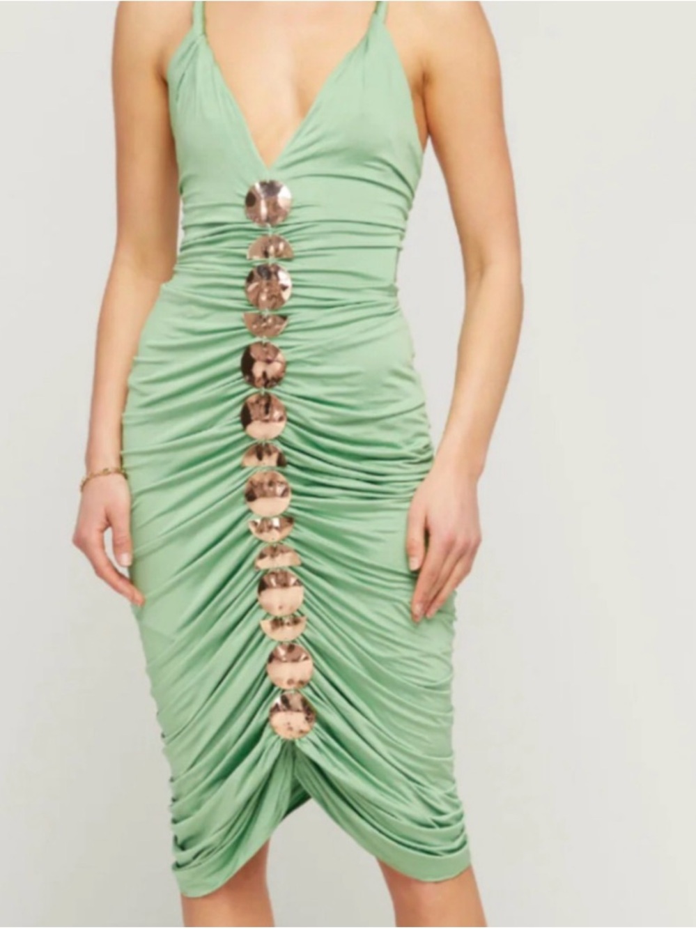 Cult Gaia Jalina Ruched Gold Detail Bodycon Green Midi Dress Size Small FLAW - Picture 2 of 11